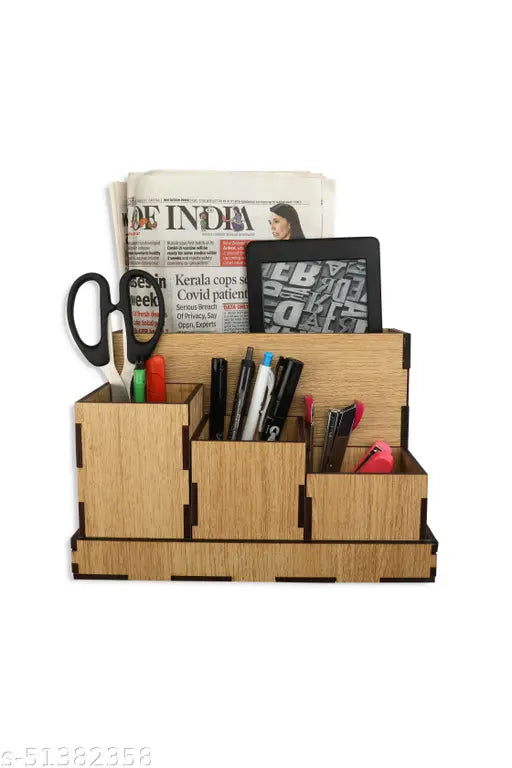 WOODOLOGY Multipurpose Wooden Desk Organizer 4 Compartments Brown